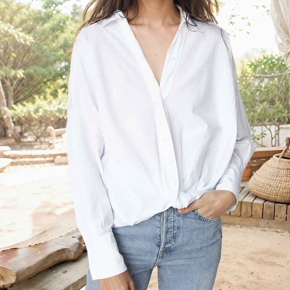 Voile Long Sleeve Front Twist Button Up Shirt in White